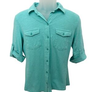 CASLON Sea Green Button Down Top Blouse Rolled Sleeves Women MP Medium Petite